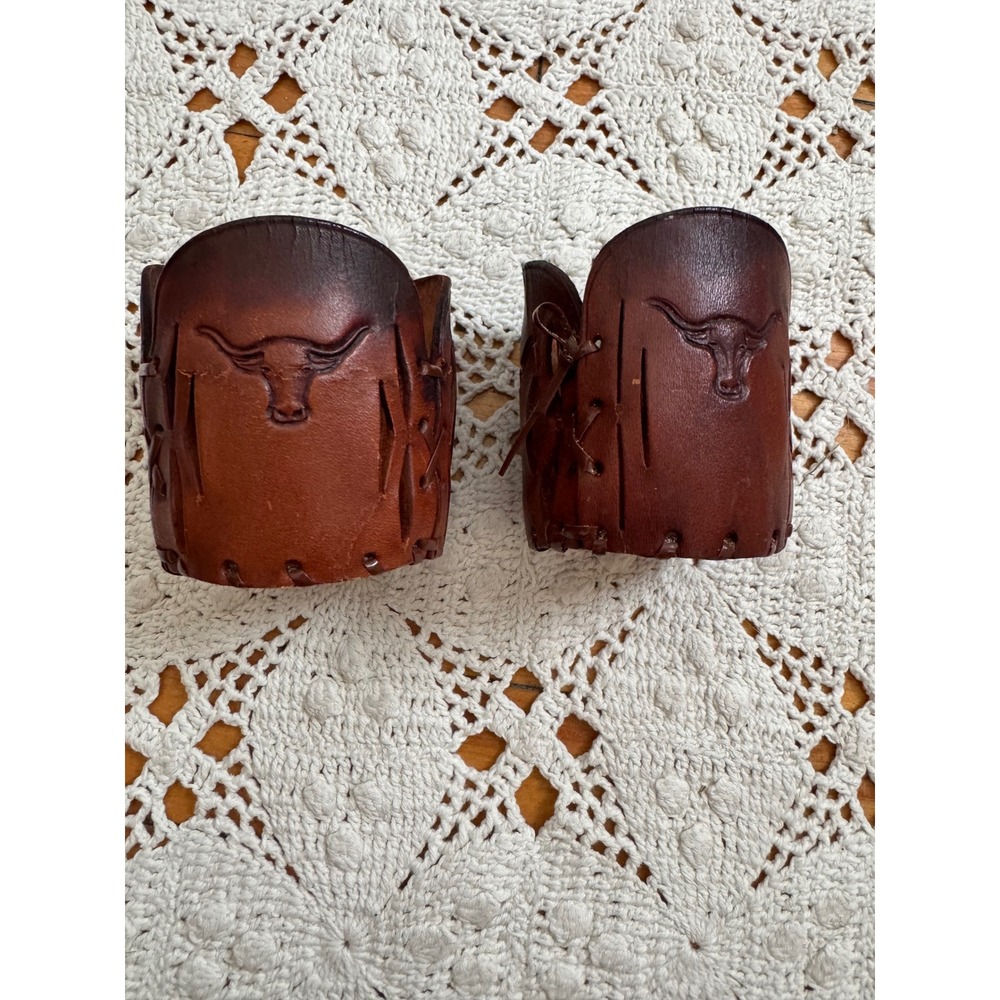 Vintage Libbey Bamco Western Longhorn Hand-tooled Leather Sleeves - set of 2 - Picture 3 of 8